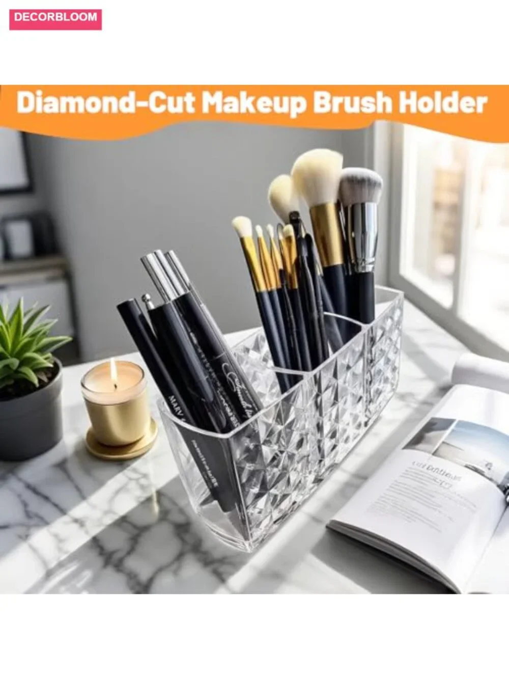 Acrylic Makeup Brush Holder 3 Compartment Cosmetic Organizer Vanity Storage